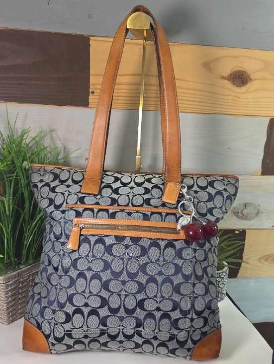 Coach Handbags - Coach Navy Signature Canvas Tote with Tan Vachetta Leather Trim